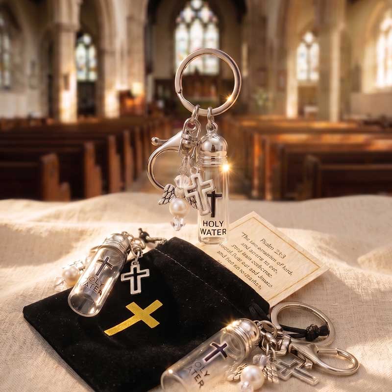 Vintage Holy Water Bottle Bag Charm & Keychain | Angel Wing & Cross Pendant Jewelry