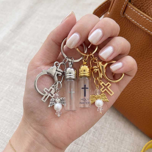Vintage Holy Water Bottle Bag Charm & Keychain | Angel Wing & Cross Pendant Jewelry