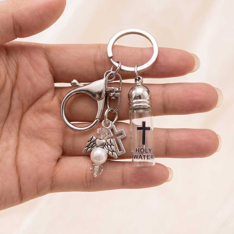 Vintage Holy Water Bottle Bag Charm & Keychain | Angel Wing & Cross Pendant Jewelry