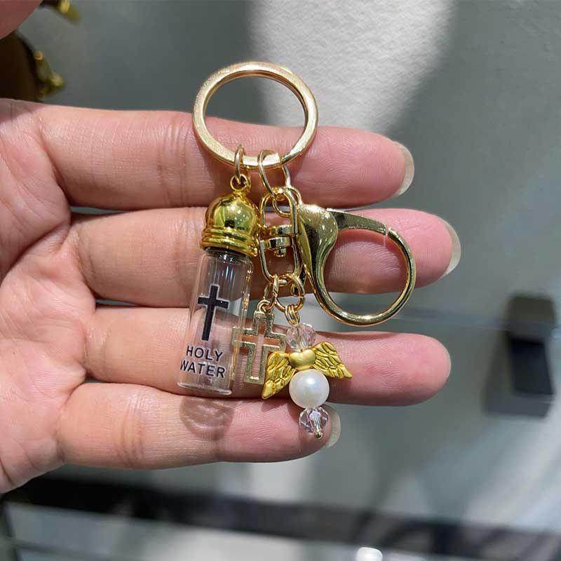 Vintage Holy Water Bottle Bag Charm & Keychain | Angel Wing & Cross Pendant Jewelry