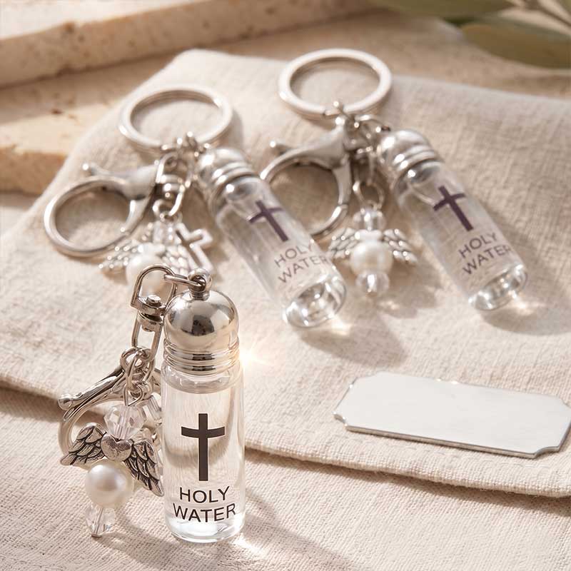 Vintage Holy Water Bottle Bag Charm & Keychain | Angel Wing & Cross Pendant Jewelry