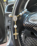 Handcrafted Virgin Mary Crystal & Pearl Rosary Charm - Blessed Car Mirror & Bag Decor