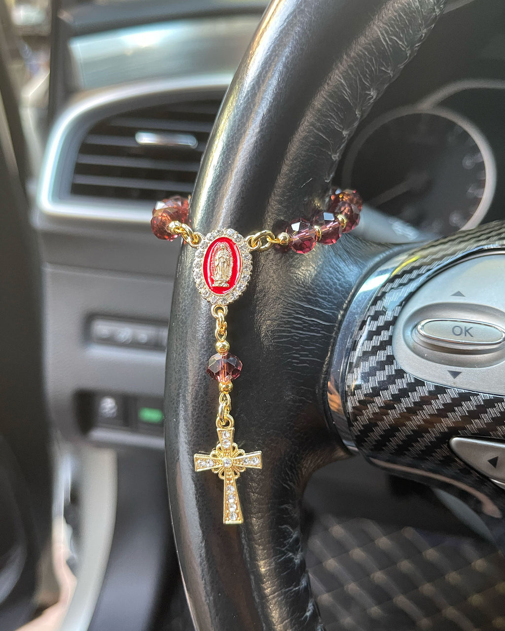 Handcrafted Virgin Mary Crystal & Pearl Rosary Charm - Blessed Car Mirror & Bag Decor