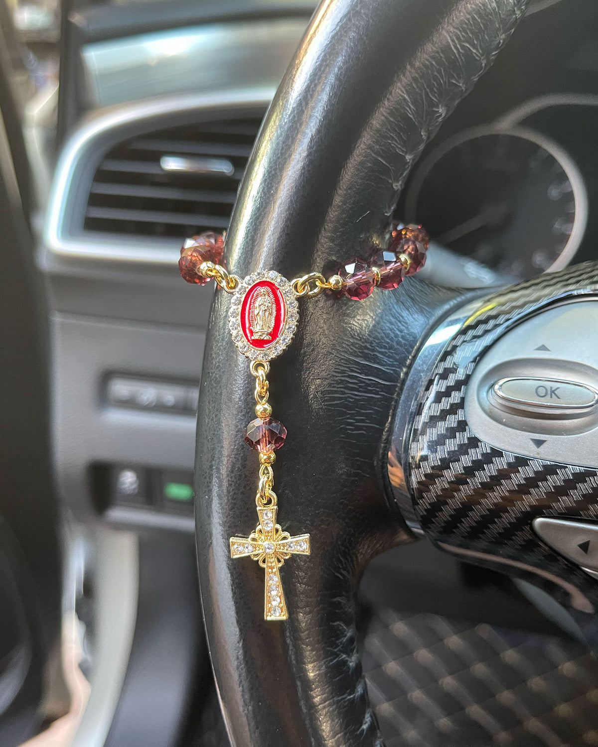 Handcrafted Virgin Mary Crystal & Pearl Rosary Charm - Blessed Car Mirror & Bag Decor