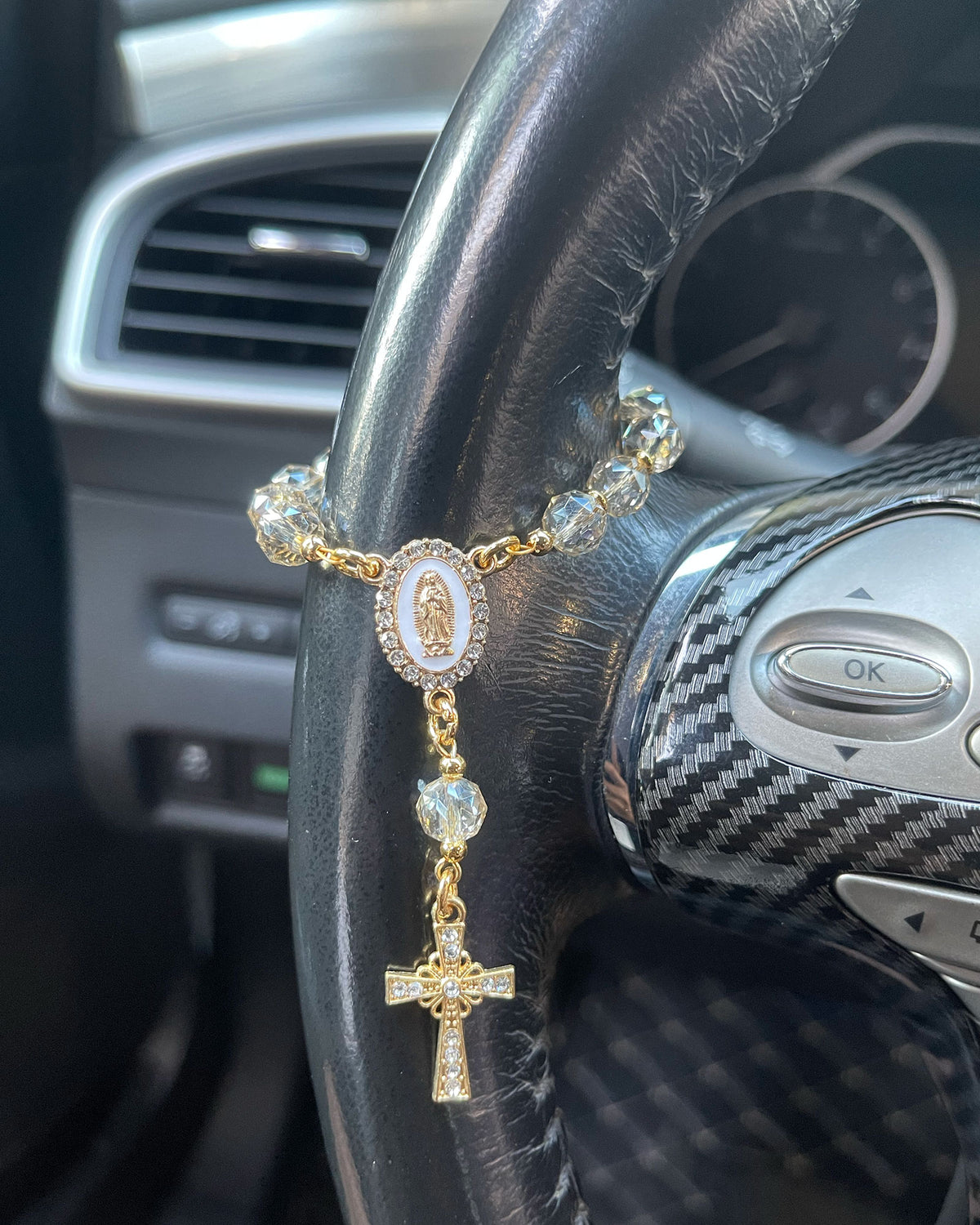 Handcrafted Virgin Mary Crystal & Pearl Rosary Charm - Blessed Car Mirror & Bag Decor