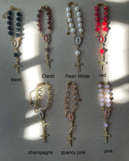 Handcrafted Virgin Mary Crystal & Pearl Rosary Charm - Blessed Car Mirror & Bag Decor