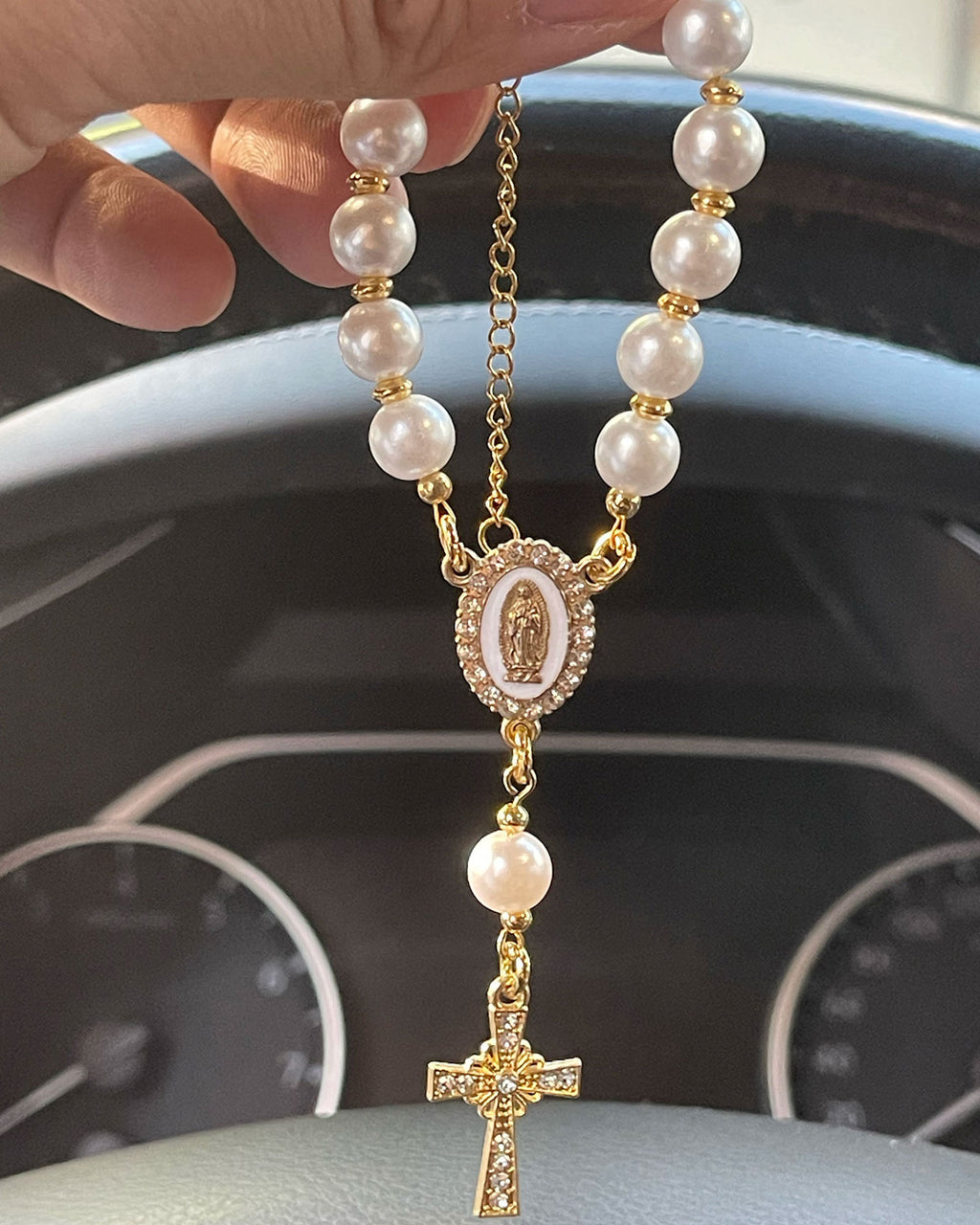 Handcrafted Virgin Mary Crystal & Pearl Rosary Charm - Blessed Car Mirror & Bag Decor