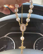 Handcrafted Virgin Mary Crystal & Pearl Rosary Charm - Blessed Car Mirror & Bag Decor
