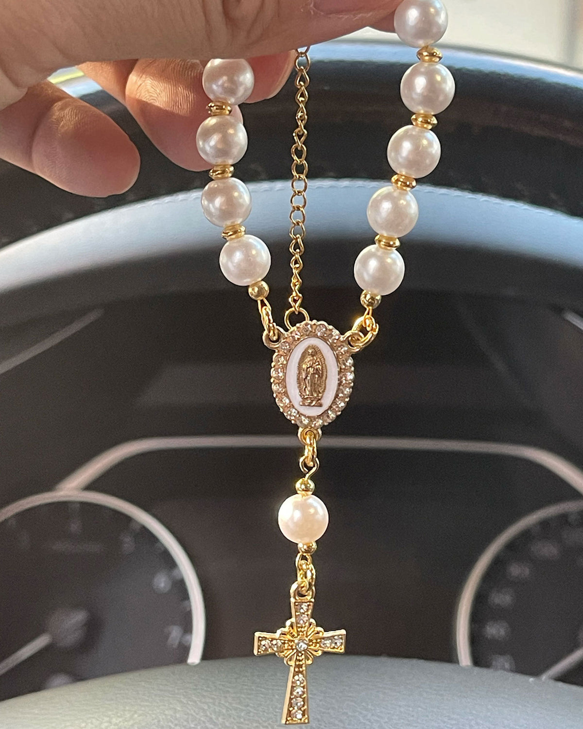 Handcrafted Virgin Mary Crystal & Pearl Rosary Charm - Blessed Car Mirror & Bag Decor
