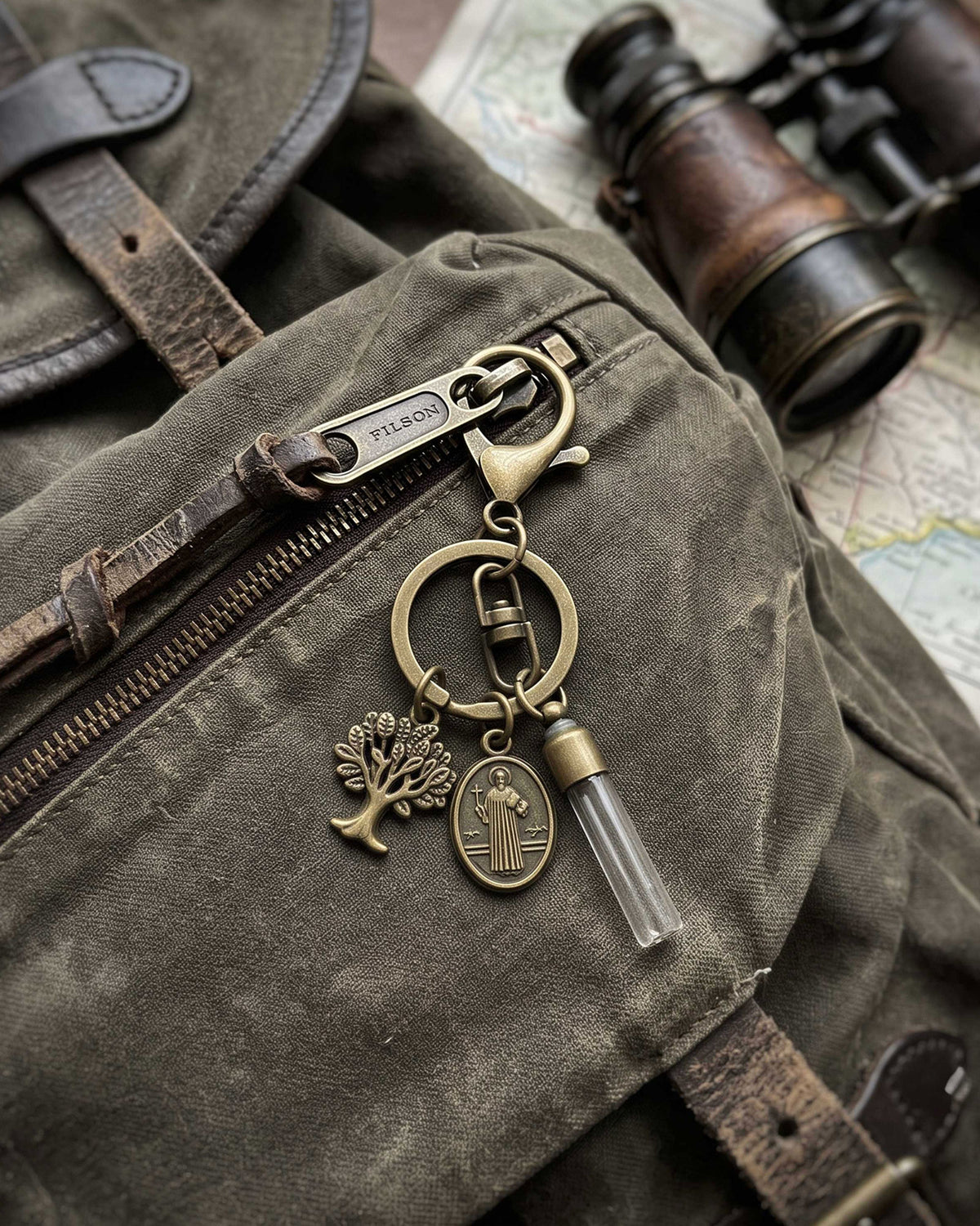 St. Benedict Protection Keychain with Tree of Life & Fillable Crystal Glass Vial