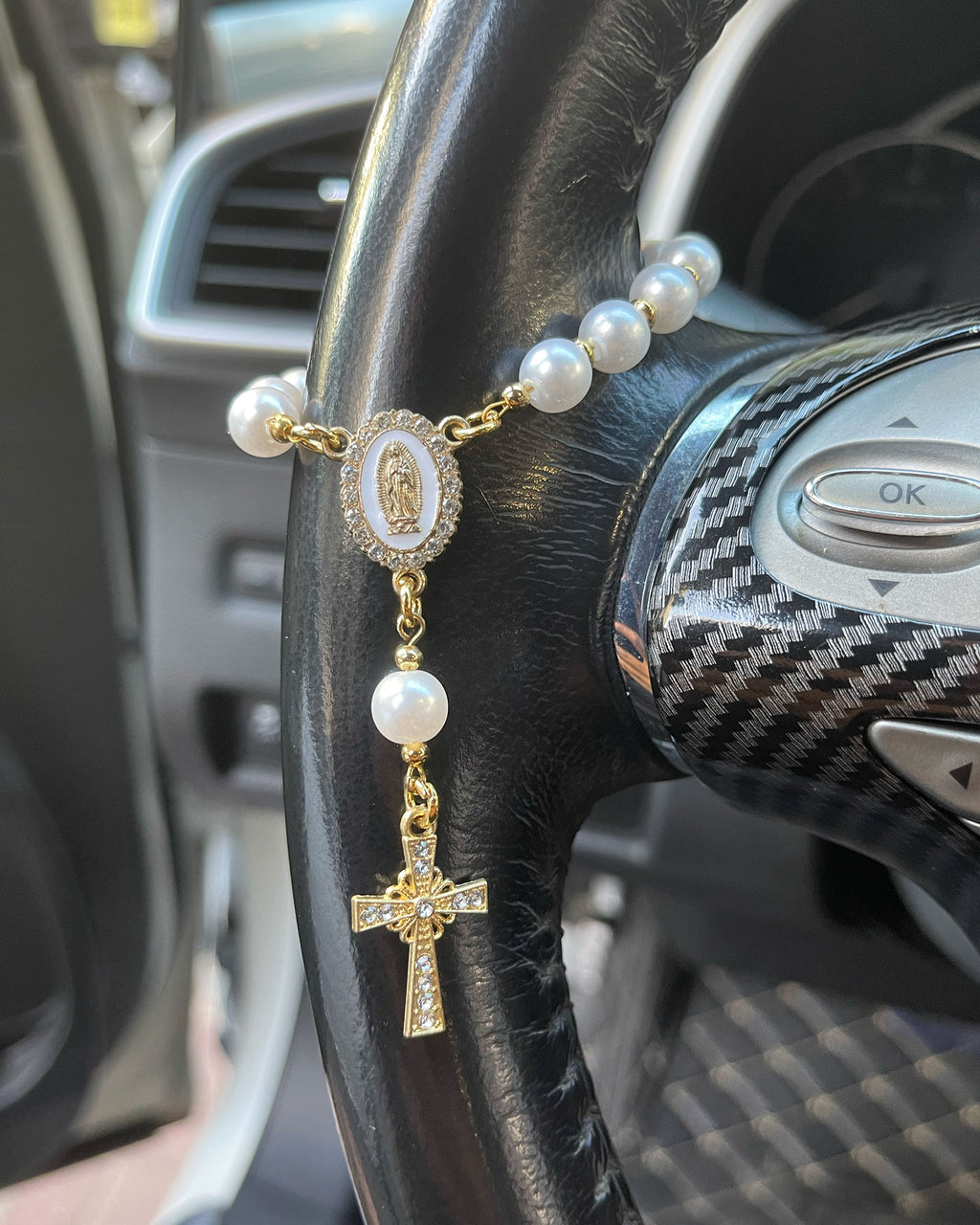 Handcrafted Virgin Mary Crystal & Pearl Rosary Charm - Blessed Car Mirror & Bag Decor