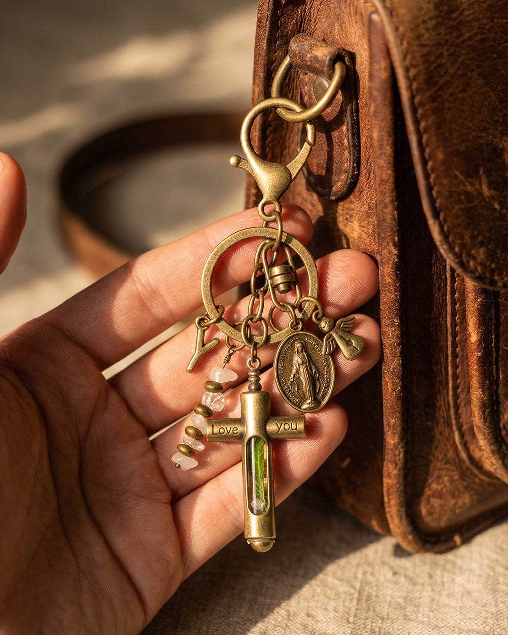 Personalized Cross Keychain with Sacred Water Vial, Birthstone & Custom Initial | Religious Faith Gift Boxed