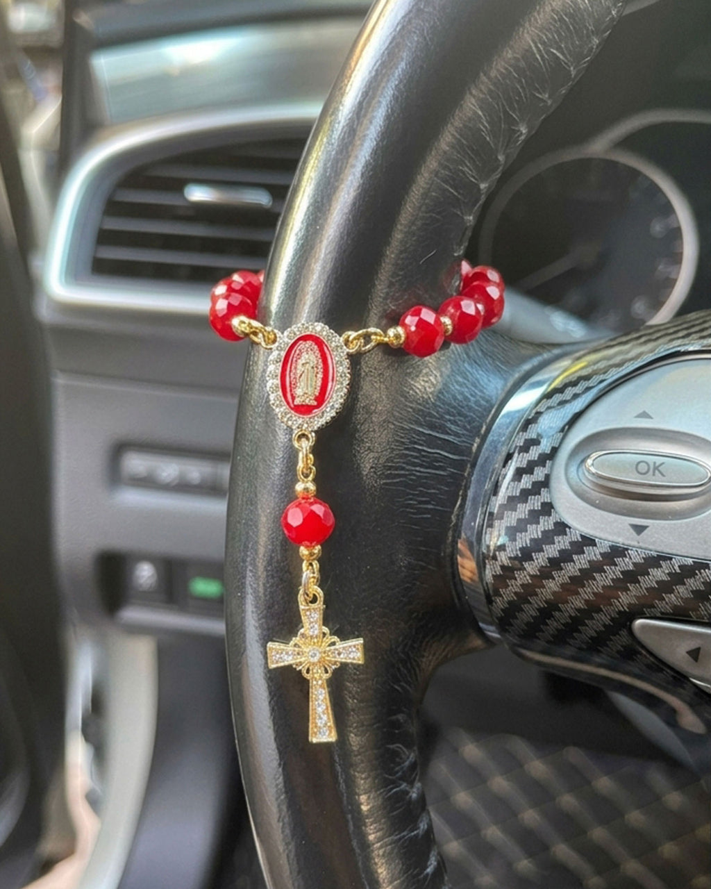 Handcrafted Virgin Mary Crystal & Pearl Rosary Charm - Blessed Car Mirror & Bag Decor