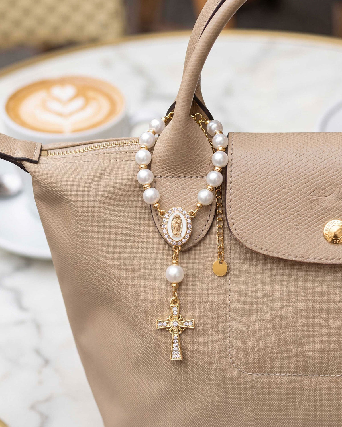 Handcrafted Virgin Mary Crystal & Pearl Rosary Charm - Blessed Car Mirror & Bag Decor