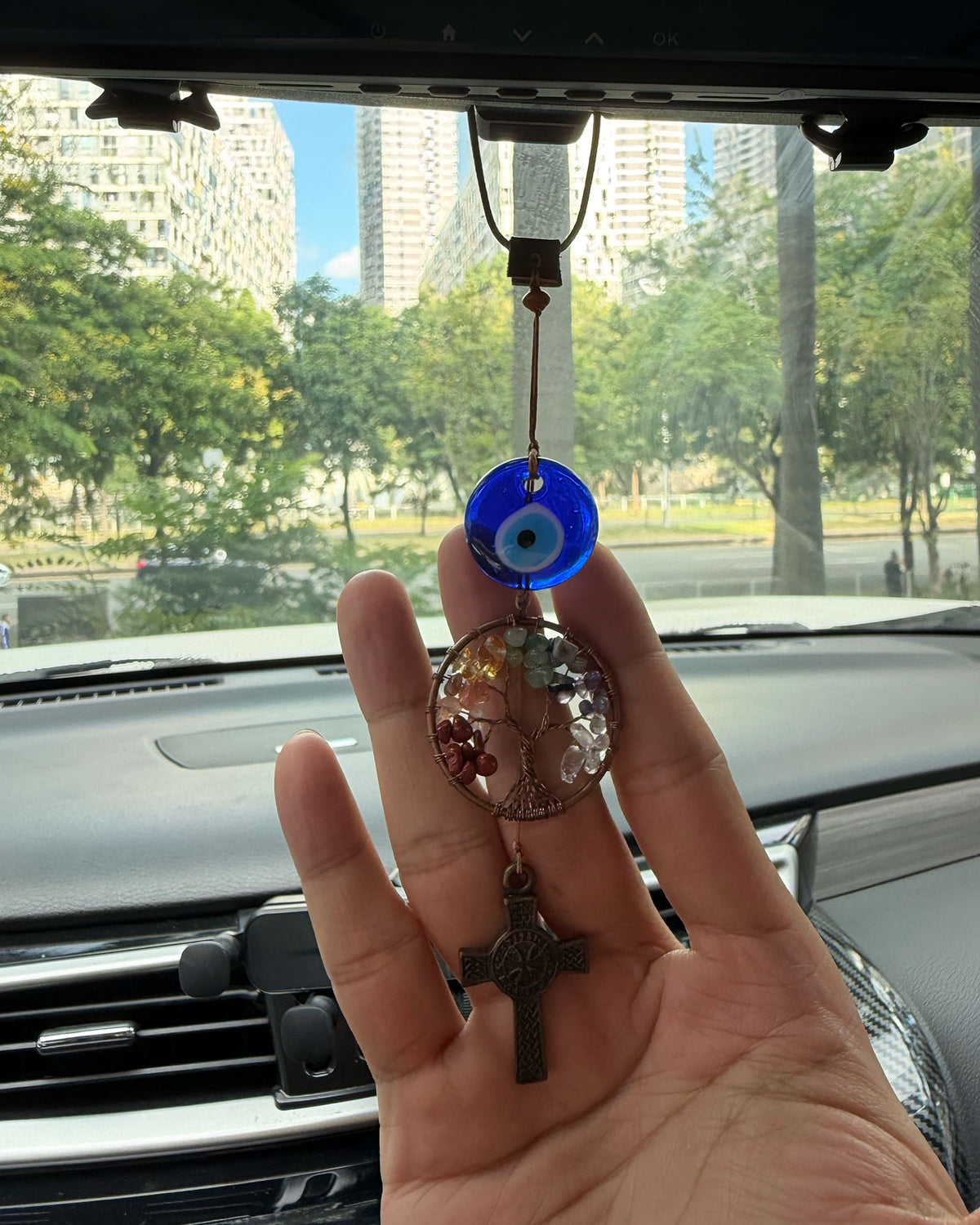 Evil Eye 7 Chakra Tree of Life Car Hanging Ornament with Celtic Cross