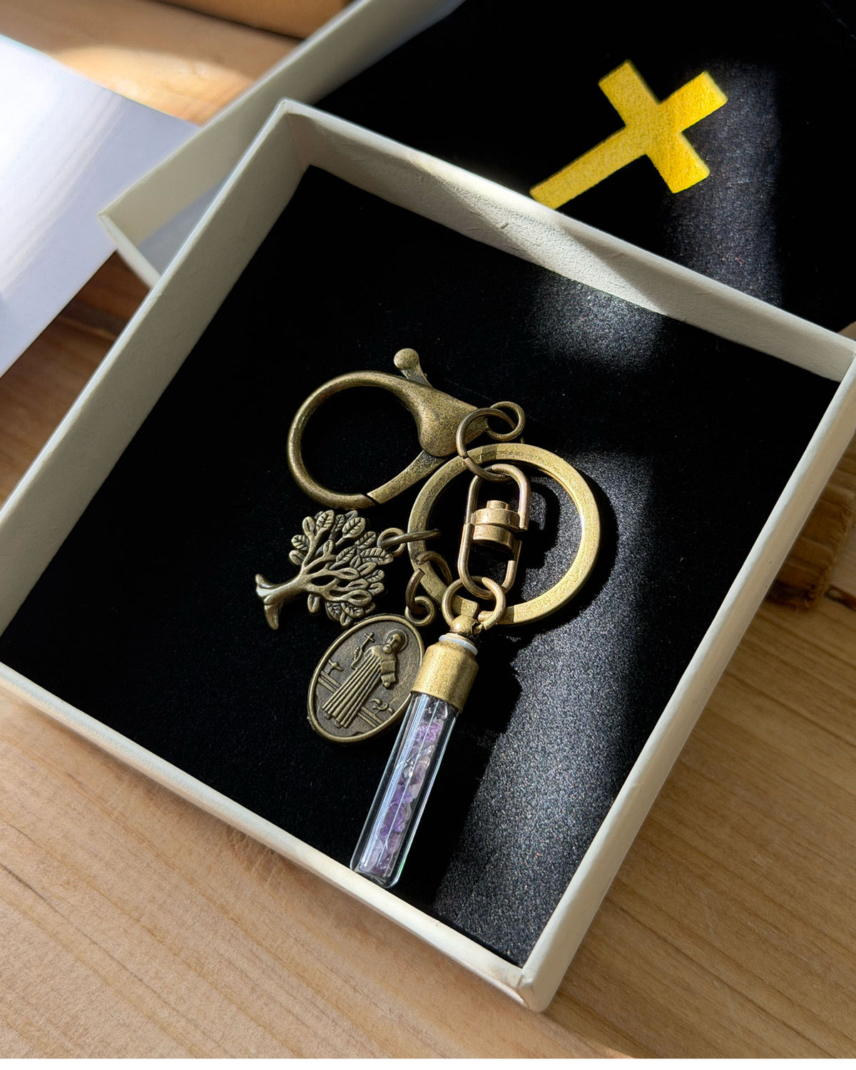 St. Benedict Protection Keychain with Tree of Life & Fillable Crystal Glass Vial