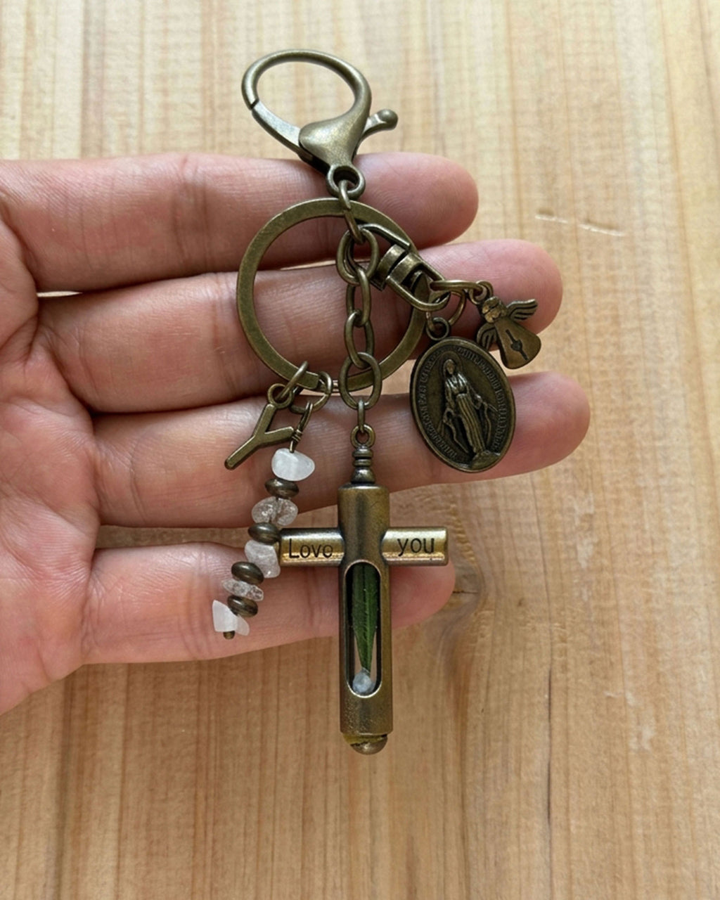 Personalized Cross Keychain with Sacred Water Vial, Birthstone & Custom Initial | Religious Faith Gift Boxed