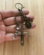Personalized Cross Keychain with Sacred Water Vial, Birthstone & Custom Initial | Religious Faith Gift Boxed