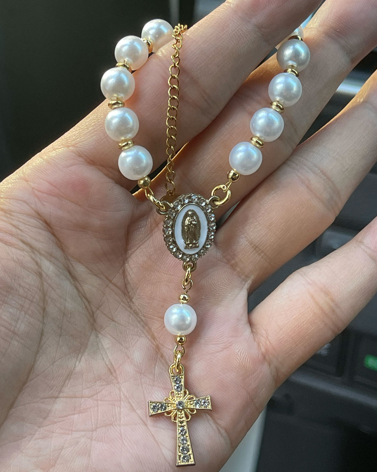 Handcrafted Virgin Mary Crystal & Pearl Rosary Charm - Blessed Car Mirror & Bag Decor