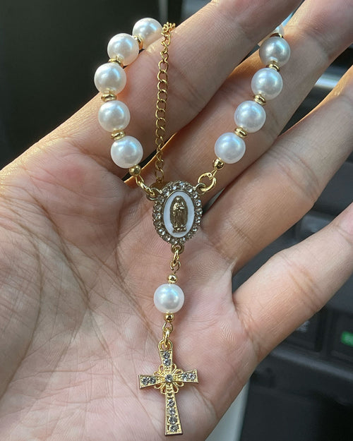 Handcrafted Virgin Mary Crystal & Pearl Rosary Charm - Blessed Car Mirror & Bag Decor