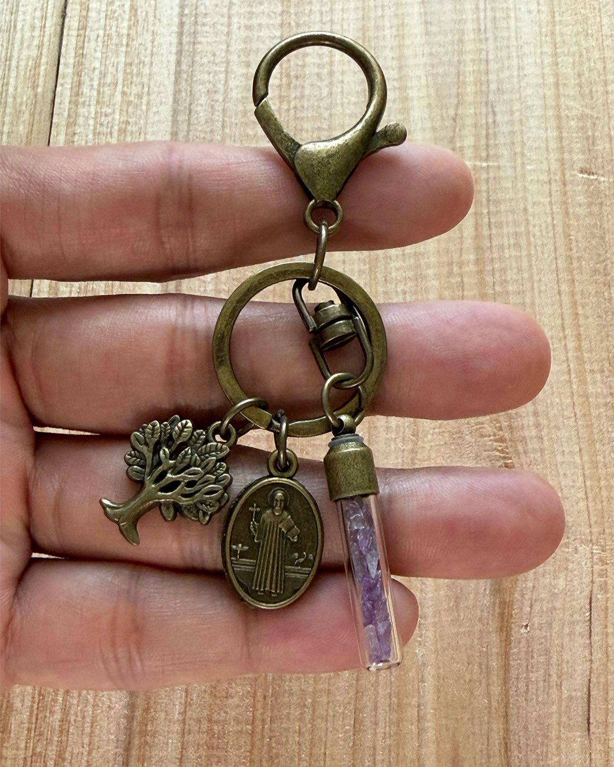 St. Benedict Protection Keychain with Tree of Life & Fillable Crystal Glass Vial