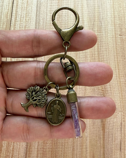 St. Benedict Protection Keychain with Tree of Life & Fillable Crystal Glass Vial