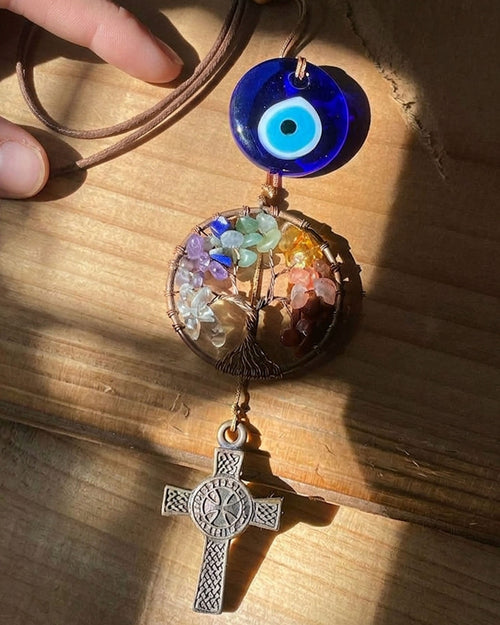 Evil Eye 7 Chakra Tree of Life Car Hanging Ornament with Celtic Cross